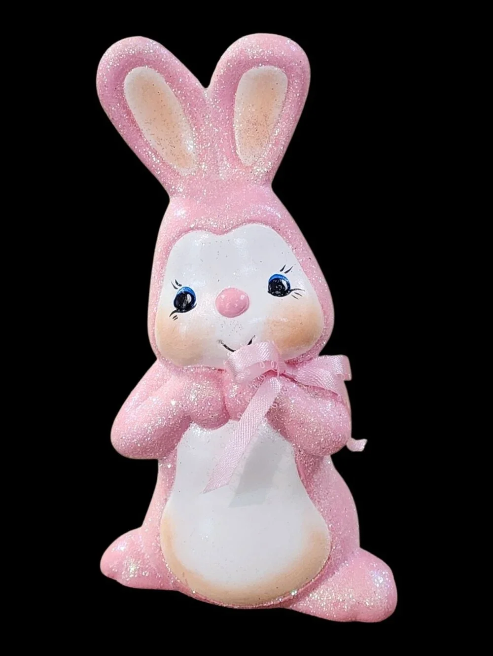 VINTAGE Anthropomorphic Ceramic Bunny Rabbit Pink Glitter Hand Painted Signed